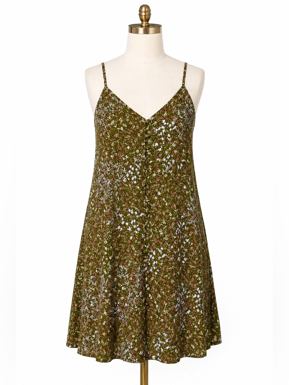 BP Floral Mini Dress XS Green Pink Button Front Spaghetti Strap Boho